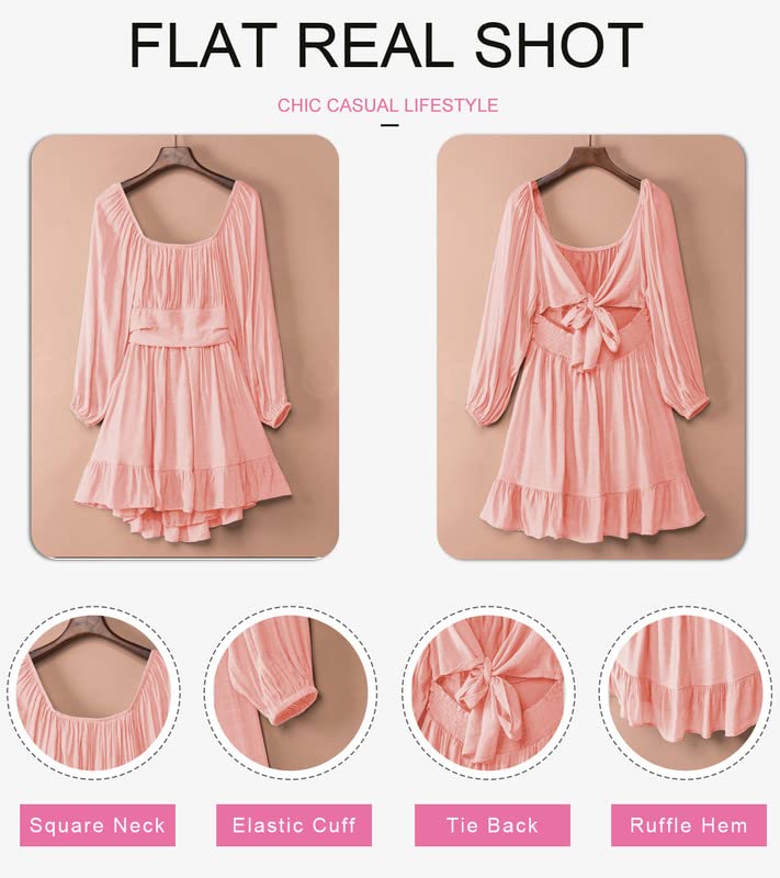 Dokotoo Square Neck Fall Dresses for Women Fashion 2024 Tie Back Lantern Long Sleeve Wedding Guest Dress Ruffle A-Line Beach Dress Elastic Waist Mini Casual Dress Pink X-Small