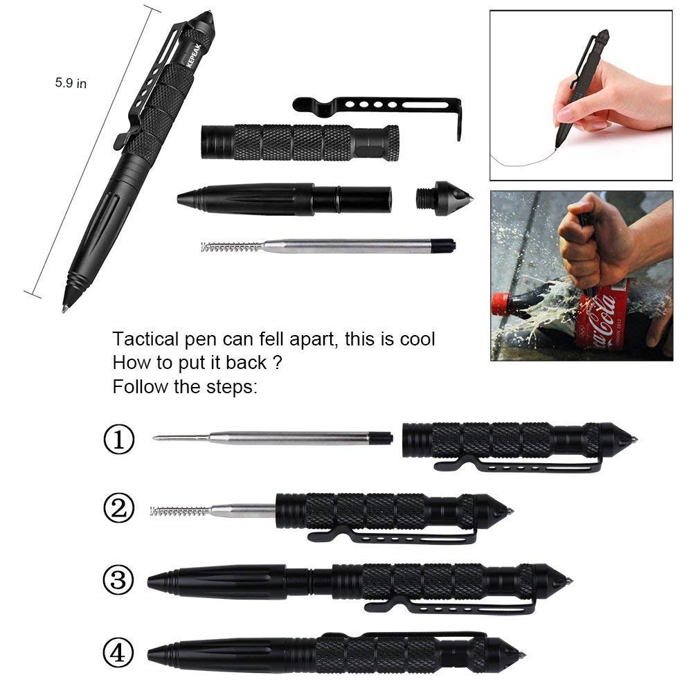 KEPEAK Military Tactical Pen, Professional Self Defense Pen, Emergency Glass Breaker Pen - Tungsten Steel, Writing Tool with 6 Refill