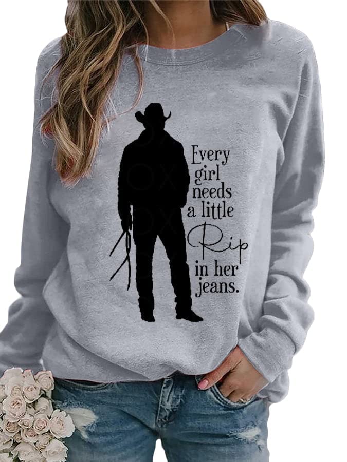 QANSI Every Girl Needs A Little Rip In Her Jeans Sweatshirt Western Cowgirl Crewneck Casual Loose Long Sleeve Pullover Sweatshirt Tops for Women Gray Grey 3XL