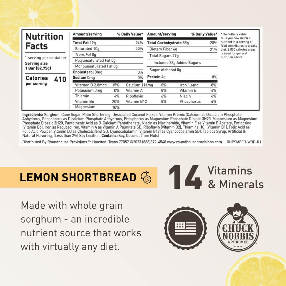 by Chuck Norris Roundhouse Provisions Survival Mode Emergency Ration Bars. Bug-out bag, Emergency, Hike, Ready To Eat Supply For Disaster, Hurricane, Flood Preparedness, Lemon shortbread, whole grain sorghum, 14 vitamins and minerals. 5 year shelf life, P