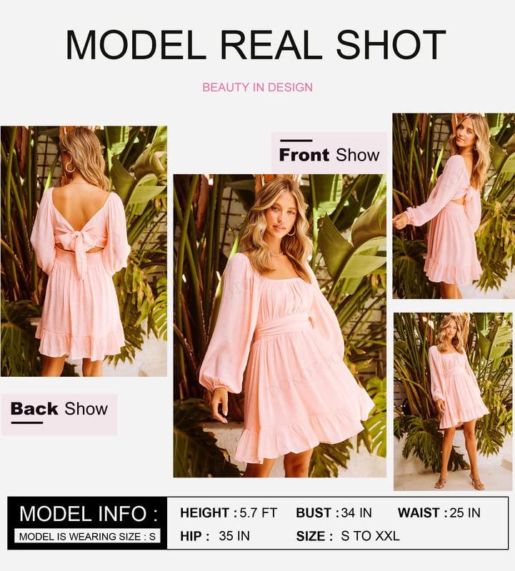 Dokotoo Square Neck Fall Dresses for Women Fashion 2024 Tie Back Lantern Long Sleeve Wedding Guest Dress Ruffle A-Line Beach Dress Elastic Waist Mini Casual Dress Pink X-Small