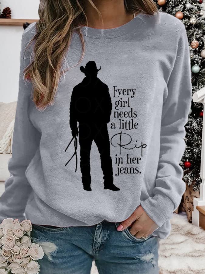 QANSI Every Girl Needs A Little Rip In Her Jeans Sweatshirt Western Cowgirl Crewneck Casual Loose Long Sleeve Pullover Sweatshirt Tops for Women Gray Grey 3XL