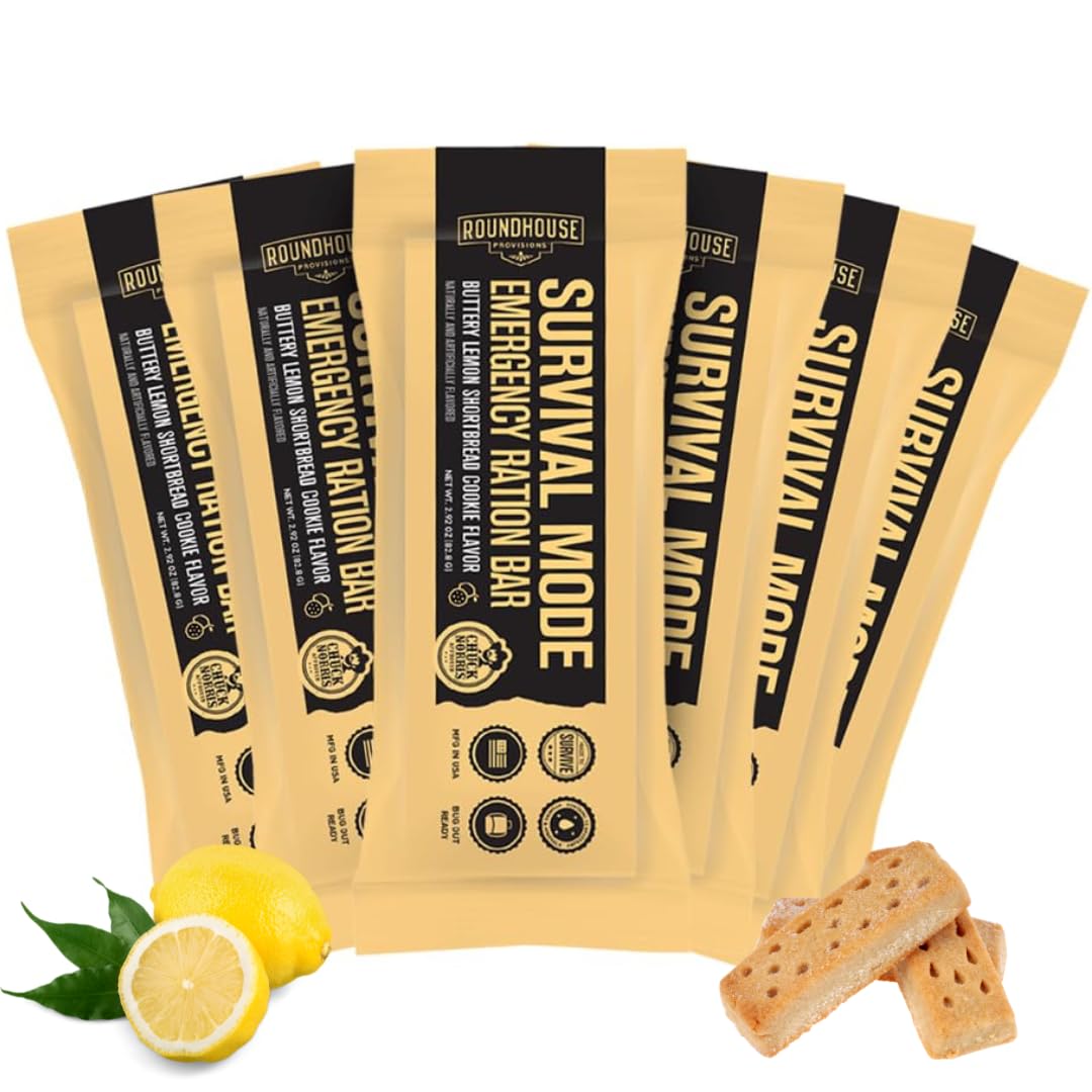 by Chuck Norris Roundhouse Provisions Survival Mode Emergency Ration Bars. Bug-out bag, Emergency, Hike, Ready To Eat Supply For Disaster, Hurricane, Flood Preparedness, Lemon shortbread, whole grain sorghum, 14 vitamins and minerals. 5 year shelf life, P