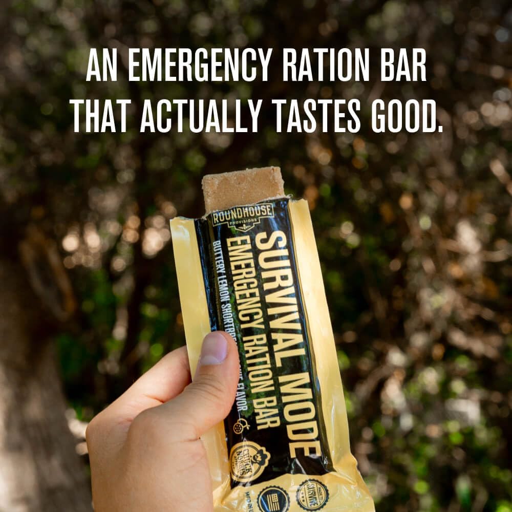 by Chuck Norris Roundhouse Provisions Survival Mode Emergency Ration Bars. Bug-out bag, Emergency, Hike, Ready To Eat Supply For Disaster, Hurricane, Flood Preparedness, Lemon shortbread, whole grain sorghum, 14 vitamins and minerals. 5 year shelf life, P