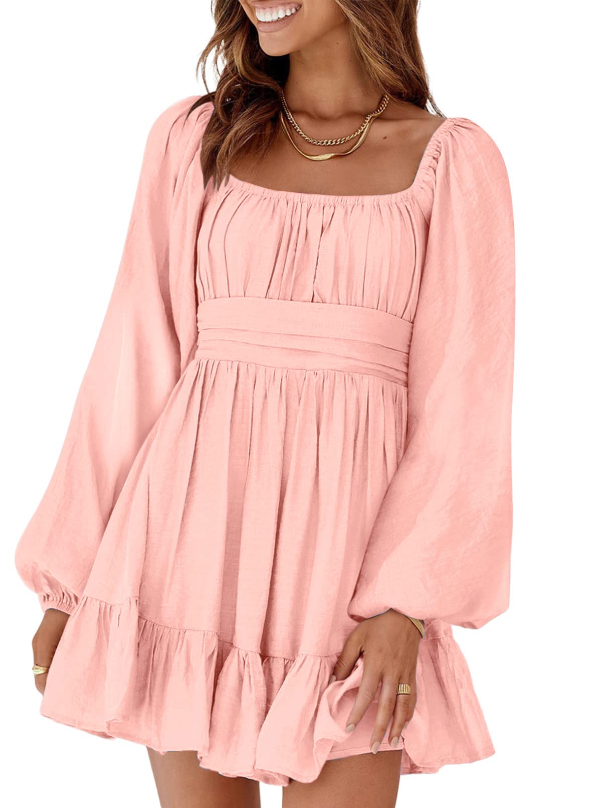 Dokotoo Square Neck Fall Dresses for Women Fashion 2024 Tie Back Lantern Long Sleeve Wedding Guest Dress Ruffle A-Line Beach Dress Elastic Waist Mini Casual Dress Pink X-Small