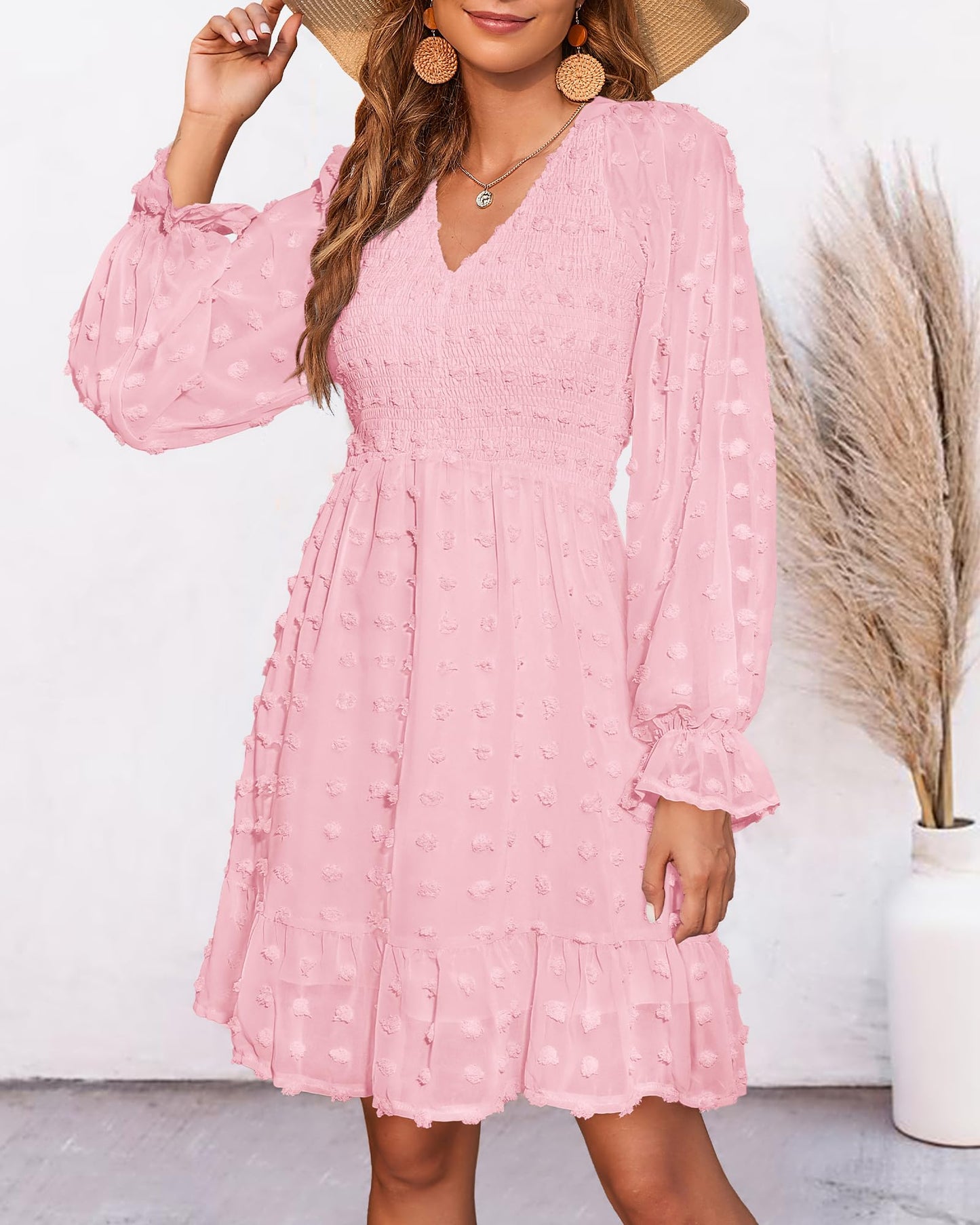 BTFBM Women V Neck Smocked Short Dress Long Sleeve Flowy Casual Swiss Dot Ruffle Chiffon Mini Summer Fall Dresses 2024(Solid Pink, Small)