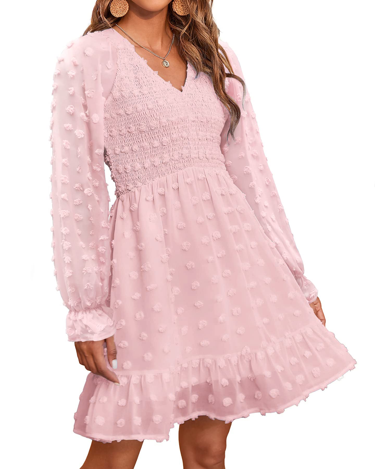 BTFBM Women V Neck Smocked Short Dress Long Sleeve Flowy Casual Swiss Dot Ruffle Chiffon Mini Summer Fall Dresses 2024(Solid Pink, Small)