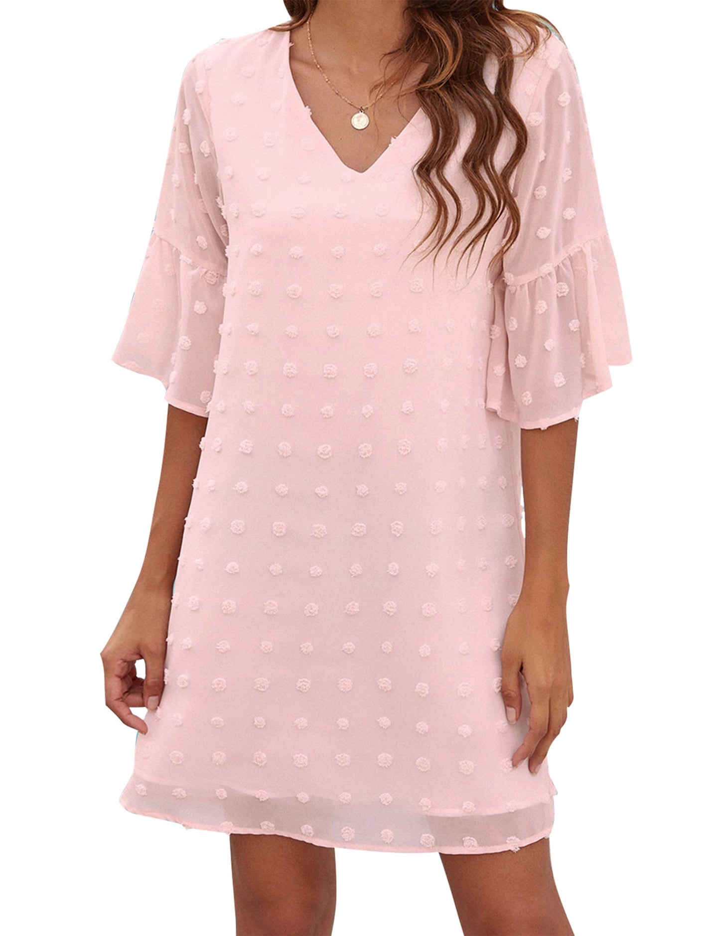 Blooming Jelly Womens Pink Dresses Short Sleeve V Neck Ruffle Cute Sun Dresses Chiffon Flowy Shift Mini Dress (XXXL,Pink)