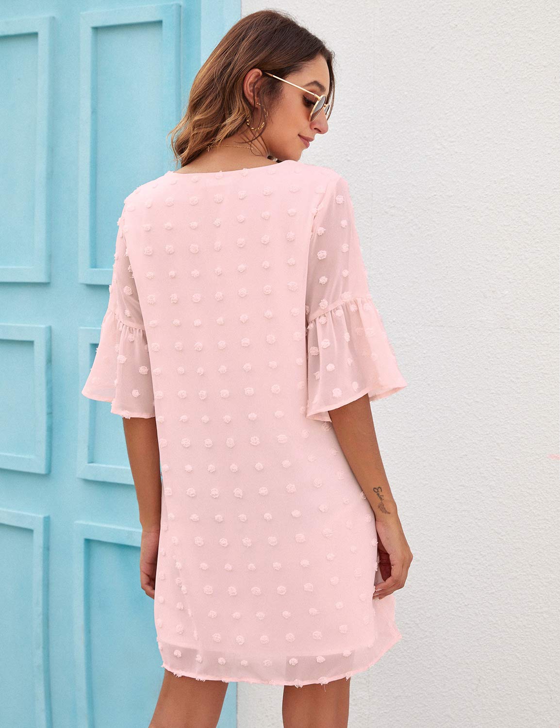 Blooming Jelly Womens Pink Dresses Short Sleeve V Neck Ruffle Cute Sun Dresses Chiffon Flowy Shift Mini Dress (XXXL,Pink)