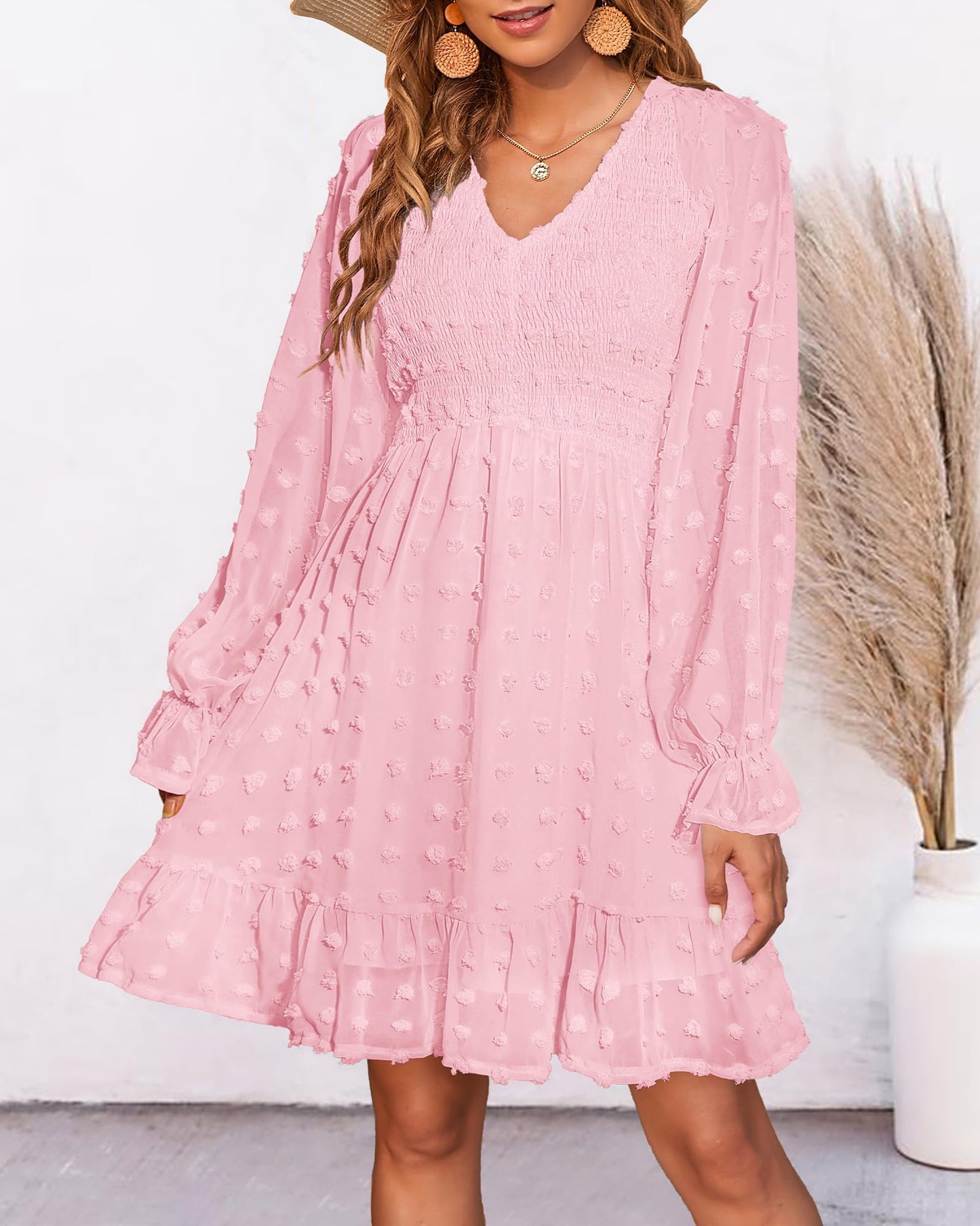 BTFBM Women V Neck Smocked Short Dress Long Sleeve Flowy Casual Swiss Dot Ruffle Chiffon Mini Summer Fall Dresses 2024(Solid Pink, Small)
