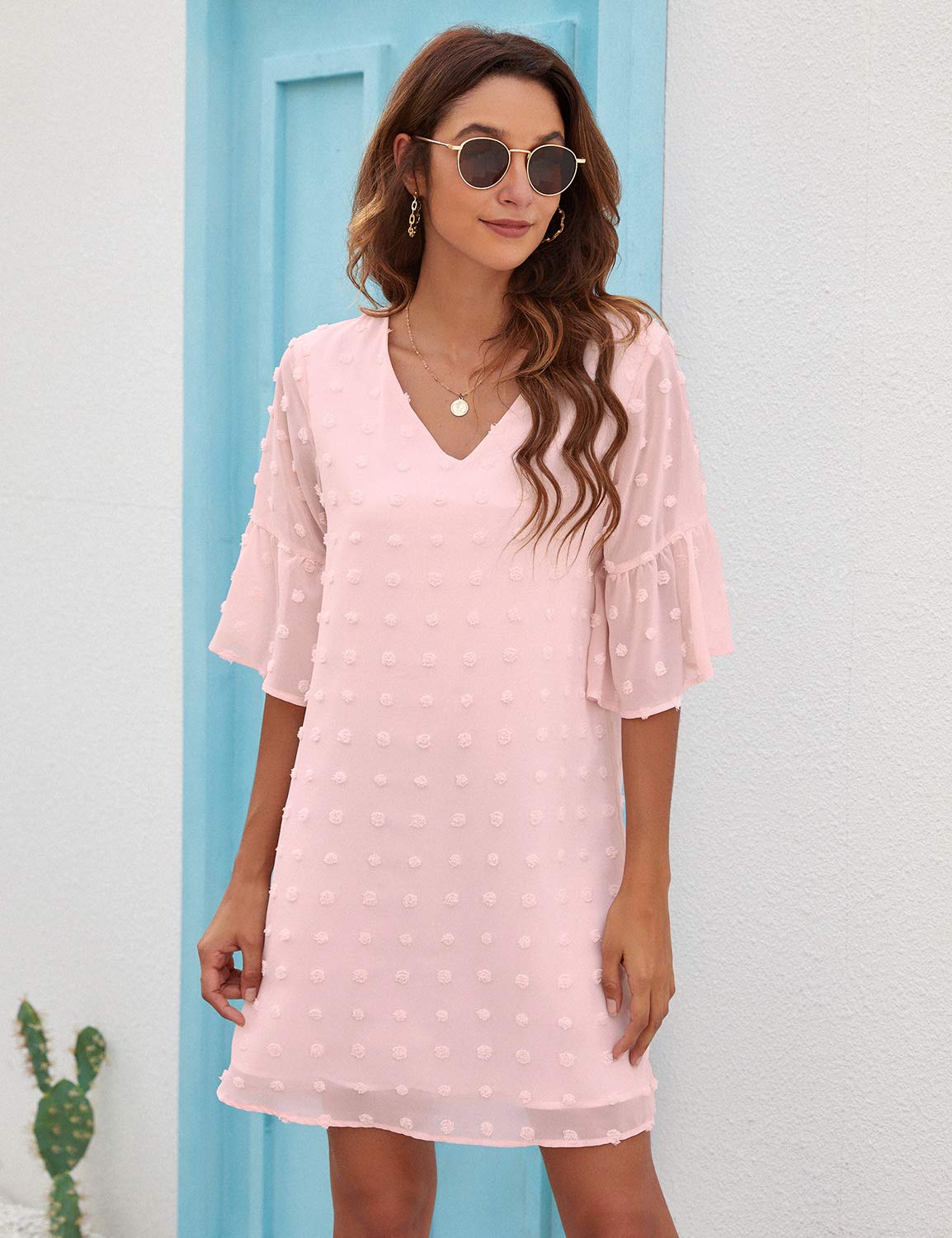 Blooming Jelly Womens Pink Dresses Short Sleeve V Neck Ruffle Cute Sun Dresses Chiffon Flowy Shift Mini Dress (XXXL,Pink)