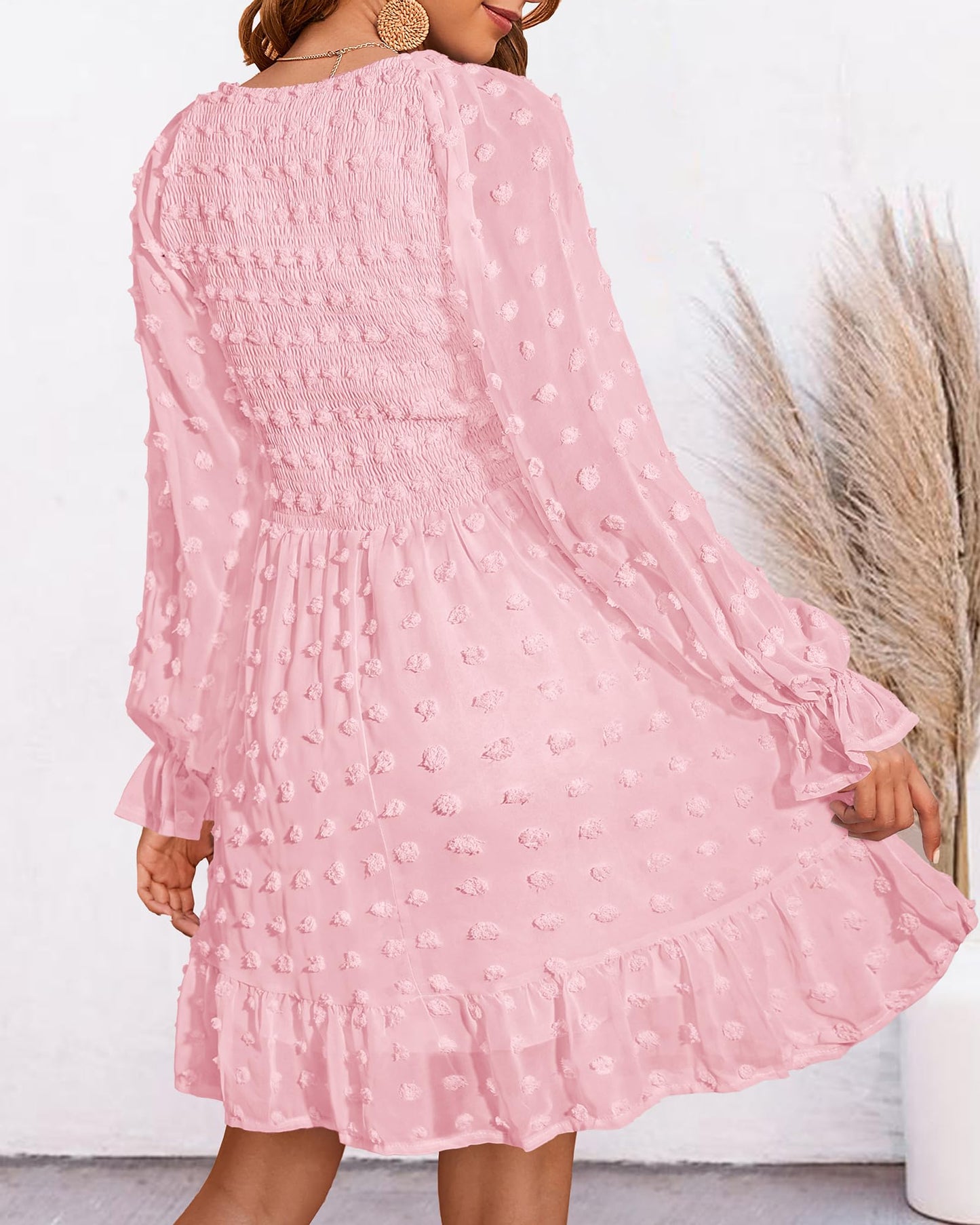 BTFBM Women V Neck Smocked Short Dress Long Sleeve Flowy Casual Swiss Dot Ruffle Chiffon Mini Summer Fall Dresses 2024(Solid Pink, Small)